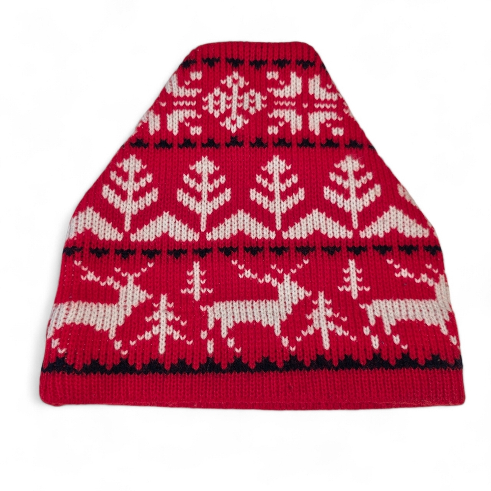 Scandinavian Nordic Fair Isle Style Winter Beanie Hat Red White Reindeer EUC